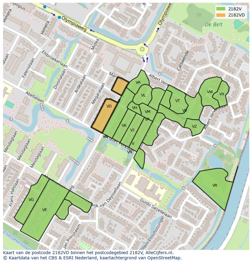 Afbeelding van het postcodegebied 2182 VD op de kaart.