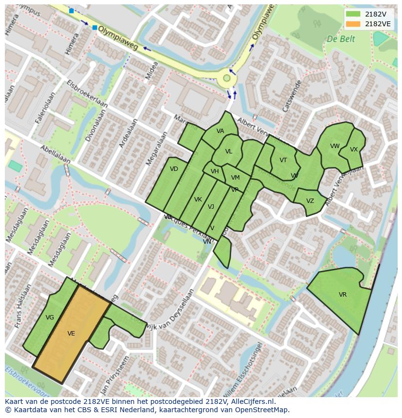 Afbeelding van het postcodegebied 2182 VE op de kaart.