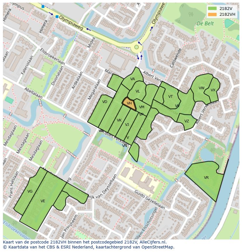 Afbeelding van het postcodegebied 2182 VH op de kaart.