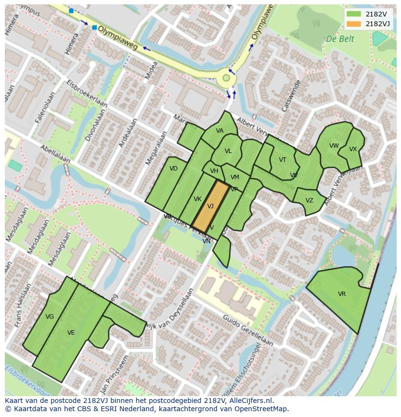 Afbeelding van het postcodegebied 2182 VJ op de kaart.
