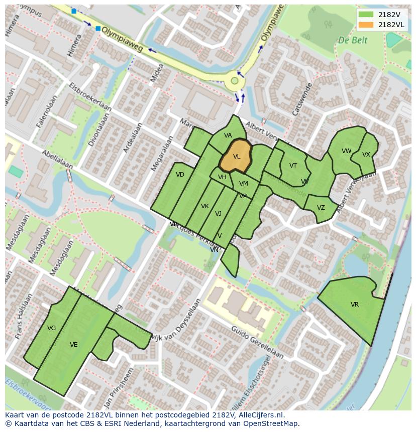 Afbeelding van het postcodegebied 2182 VL op de kaart.