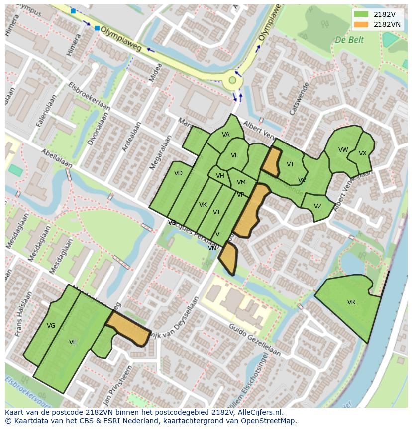 Afbeelding van het postcodegebied 2182 VN op de kaart.
