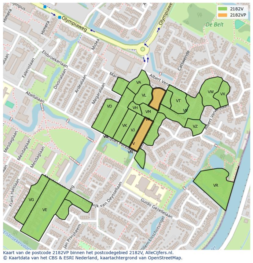 Afbeelding van het postcodegebied 2182 VP op de kaart.