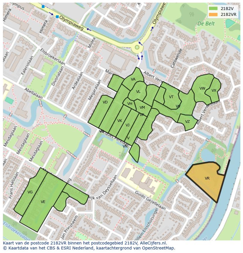 Afbeelding van het postcodegebied 2182 VR op de kaart.