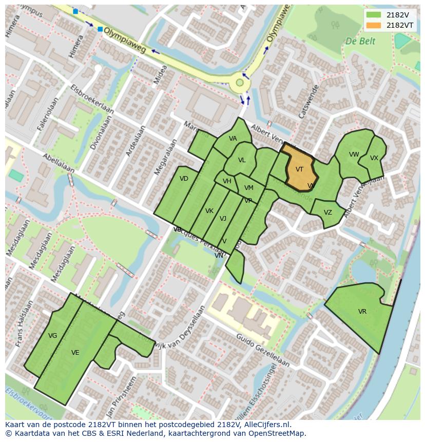 Afbeelding van het postcodegebied 2182 VT op de kaart.