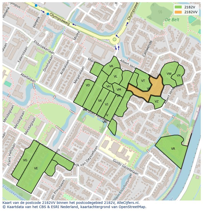 Afbeelding van het postcodegebied 2182 VV op de kaart.