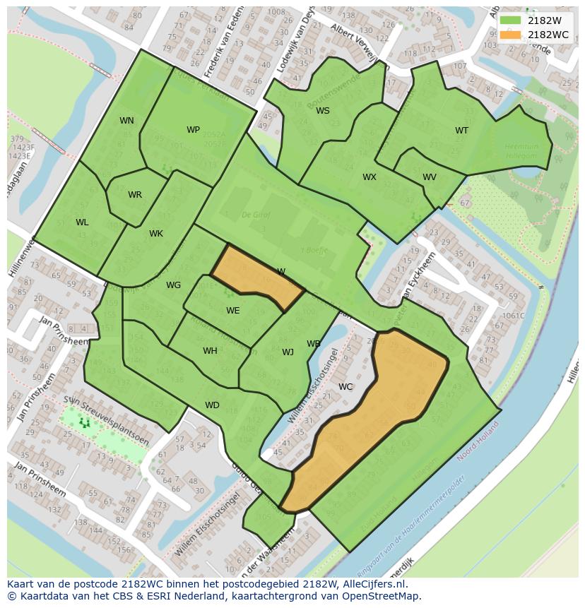 Afbeelding van het postcodegebied 2182 WC op de kaart.
