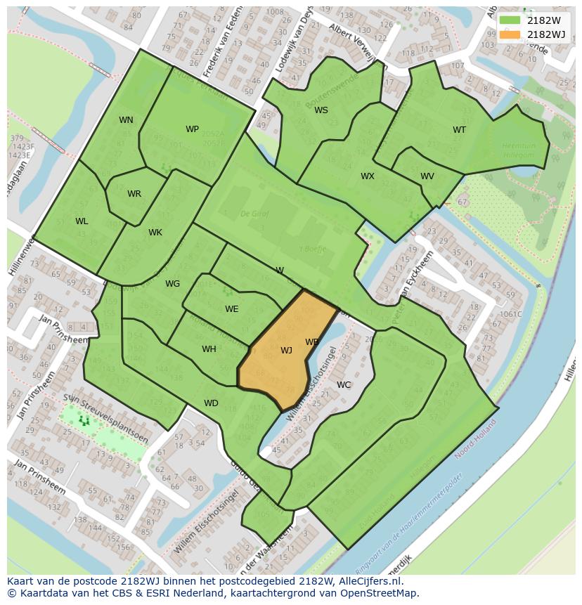 Afbeelding van het postcodegebied 2182 WJ op de kaart.