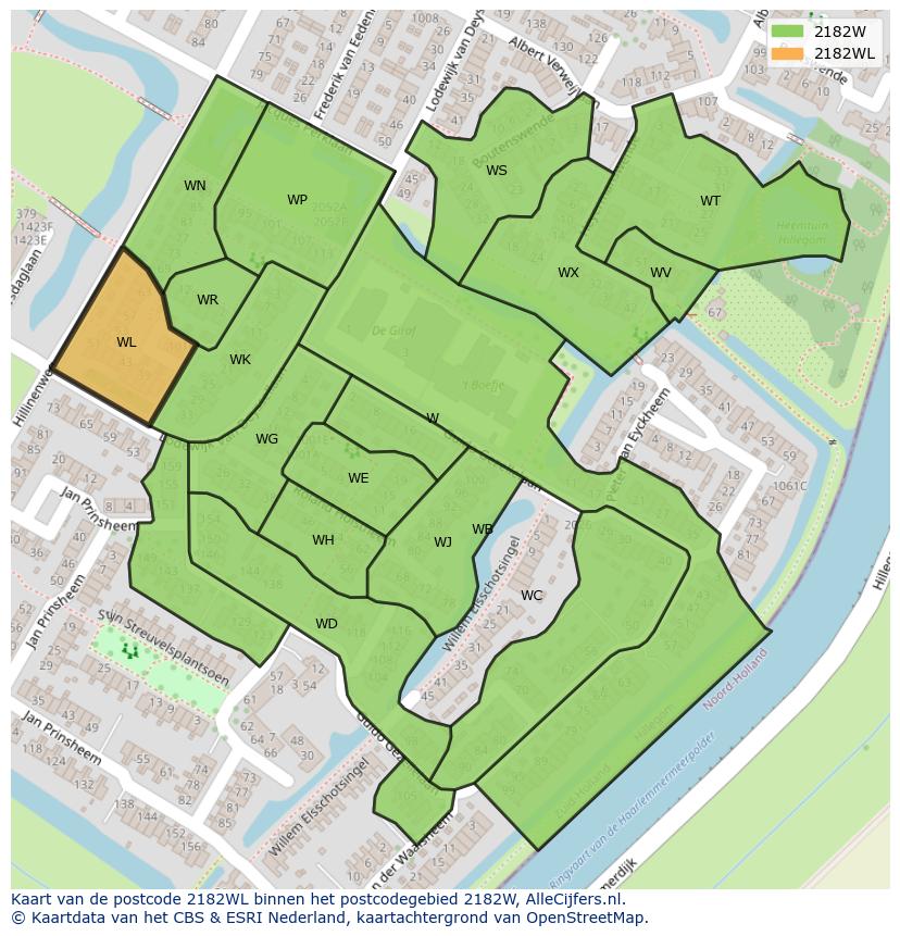 Afbeelding van het postcodegebied 2182 WL op de kaart.