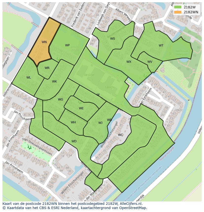 Afbeelding van het postcodegebied 2182 WN op de kaart.