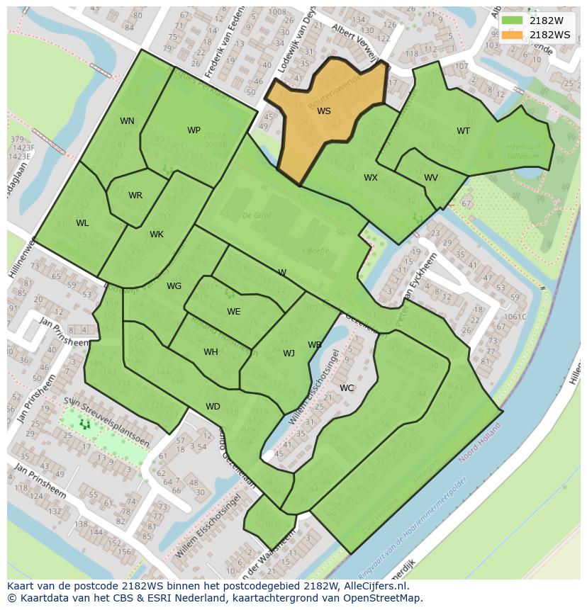 Afbeelding van het postcodegebied 2182 WS op de kaart.