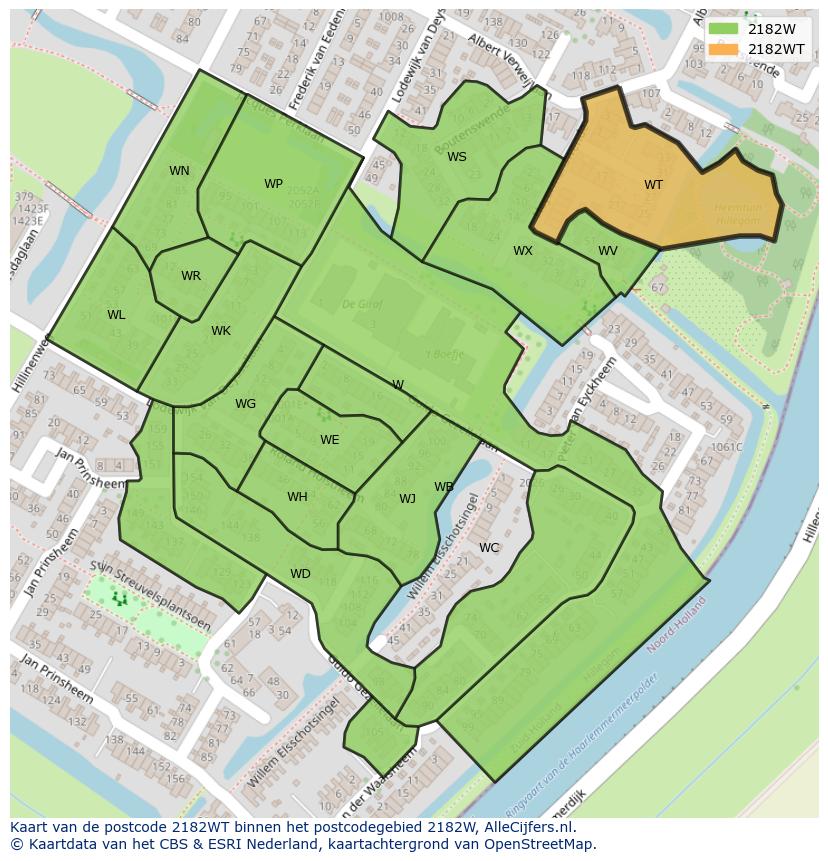 Afbeelding van het postcodegebied 2182 WT op de kaart.