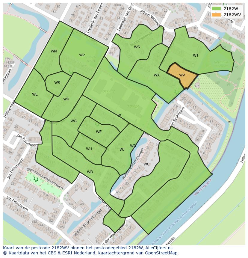 Afbeelding van het postcodegebied 2182 WV op de kaart.