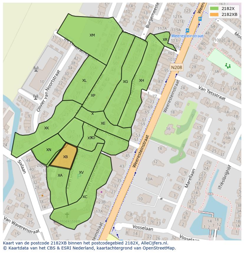 Afbeelding van het postcodegebied 2182 XB op de kaart.