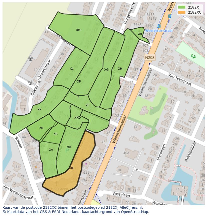Afbeelding van het postcodegebied 2182 XC op de kaart.