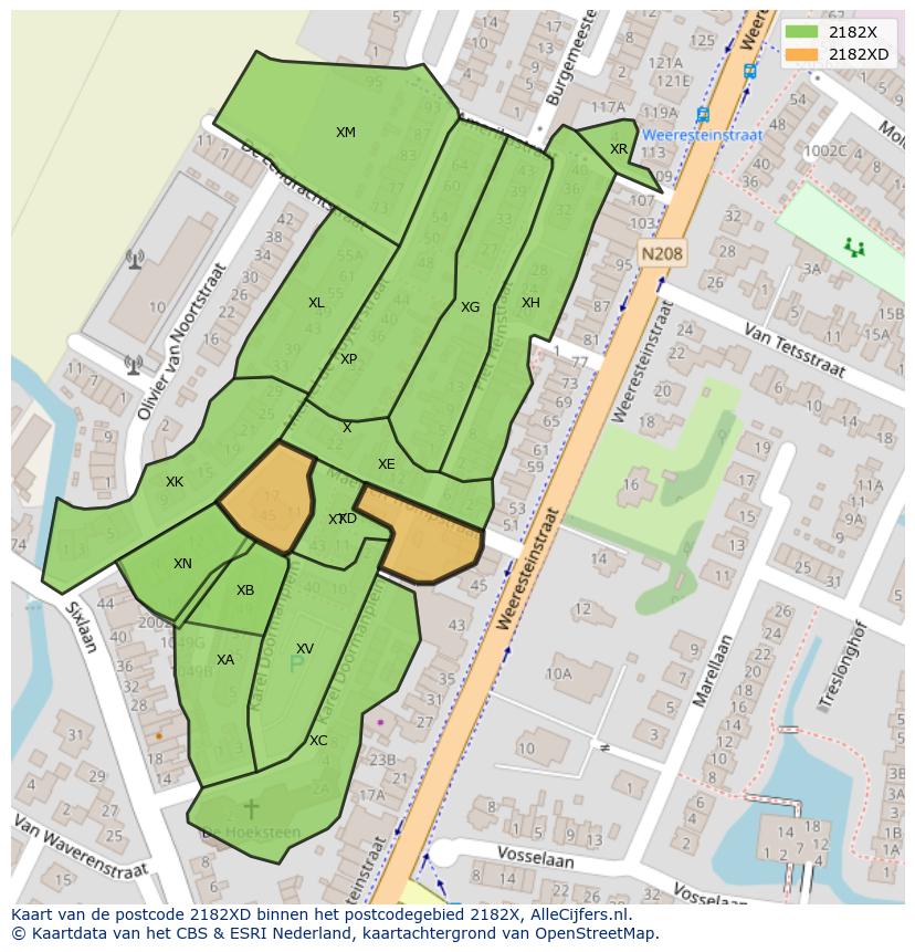 Afbeelding van het postcodegebied 2182 XD op de kaart.