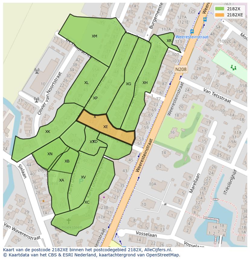 Afbeelding van het postcodegebied 2182 XE op de kaart.