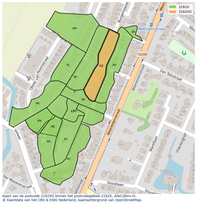 Afbeelding van het postcodegebied 2182 XG op de kaart.