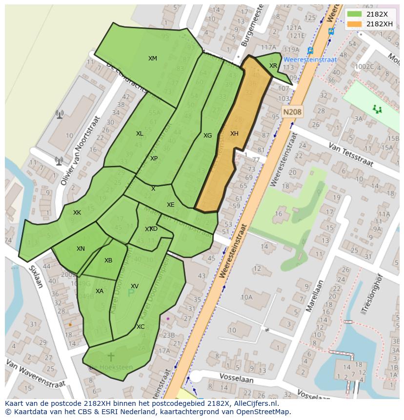 Afbeelding van het postcodegebied 2182 XH op de kaart.