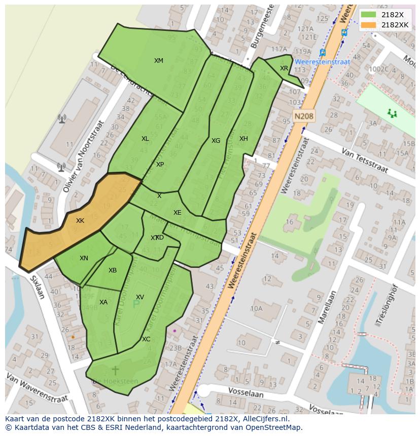Afbeelding van het postcodegebied 2182 XK op de kaart.