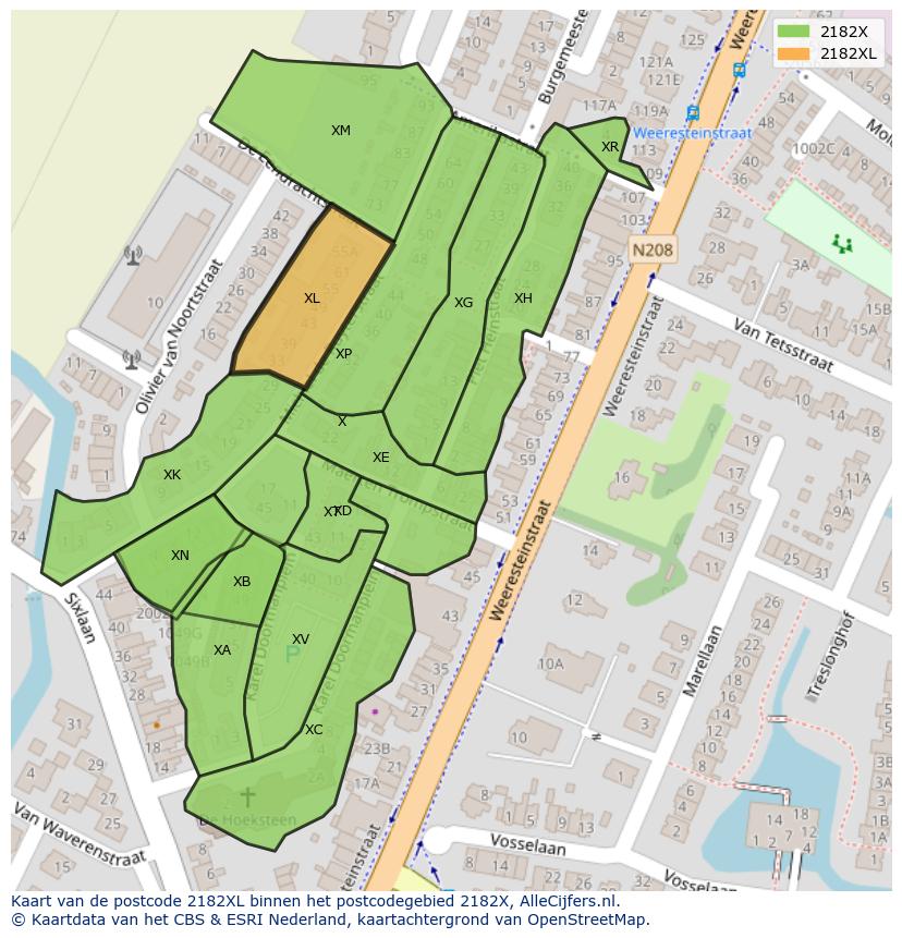 Afbeelding van het postcodegebied 2182 XL op de kaart.