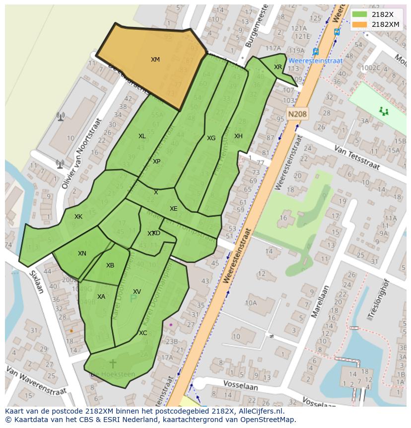 Afbeelding van het postcodegebied 2182 XM op de kaart.