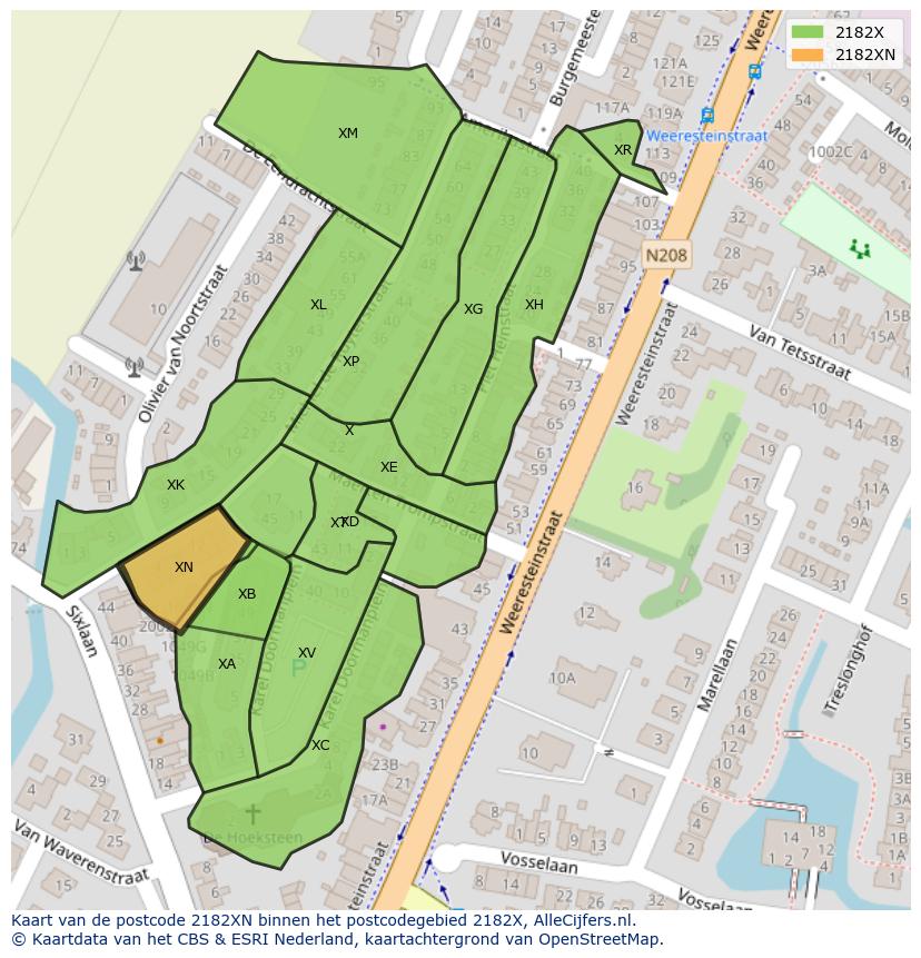 Afbeelding van het postcodegebied 2182 XN op de kaart.