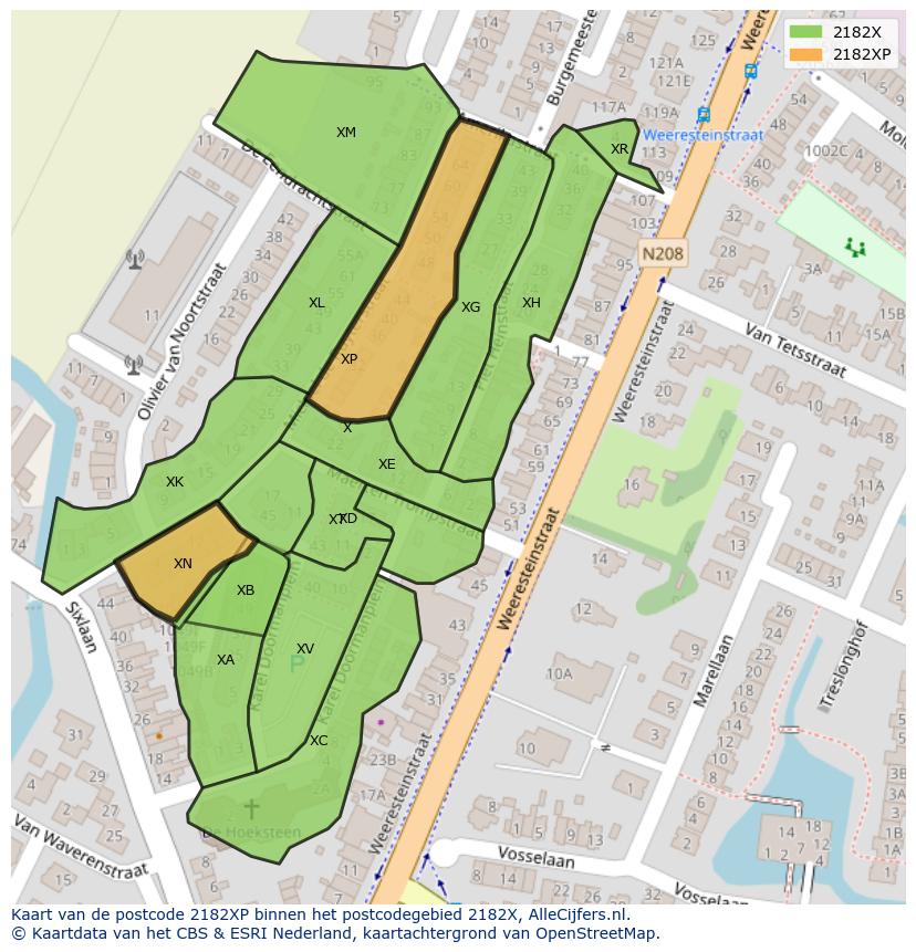 Afbeelding van het postcodegebied 2182 XP op de kaart.