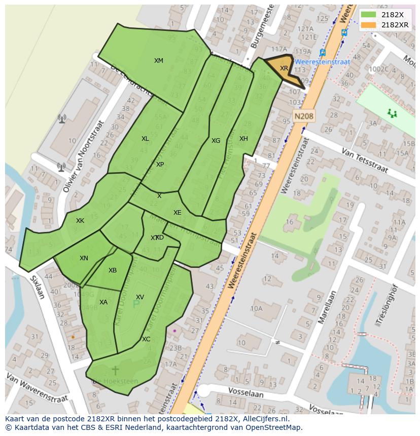 Afbeelding van het postcodegebied 2182 XR op de kaart.