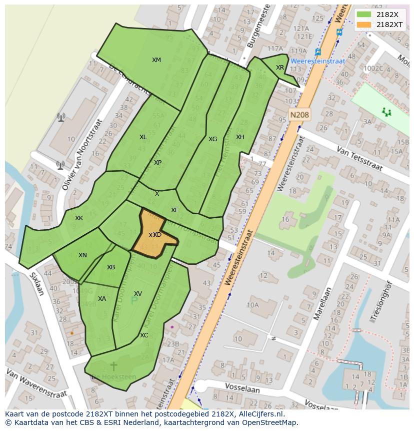 Afbeelding van het postcodegebied 2182 XT op de kaart.