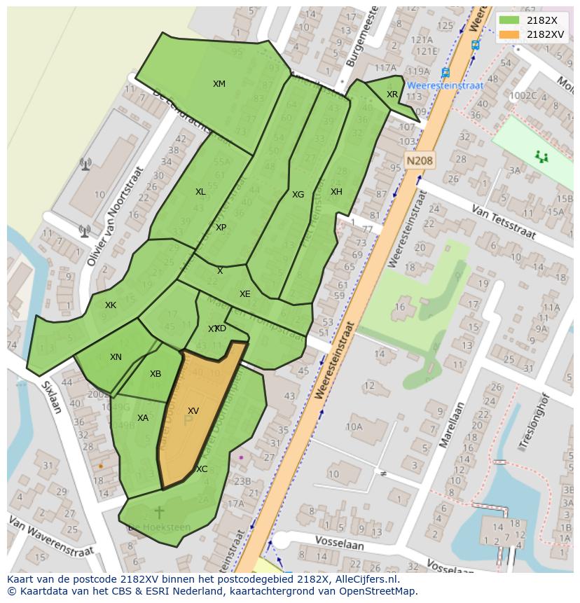 Afbeelding van het postcodegebied 2182 XV op de kaart.