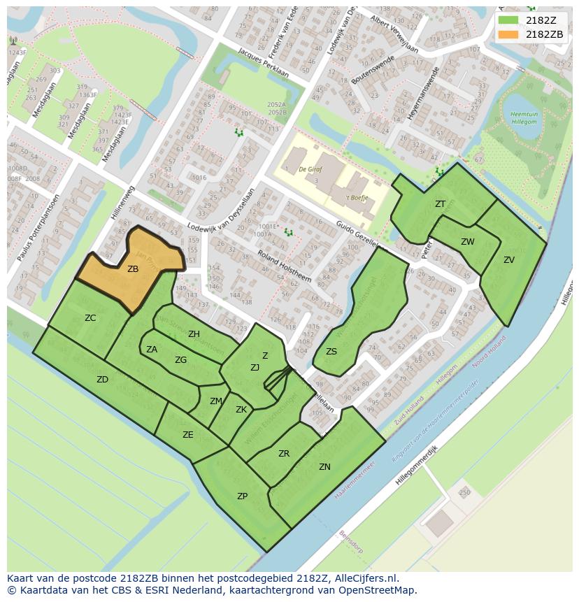 Afbeelding van het postcodegebied 2182 ZB op de kaart.