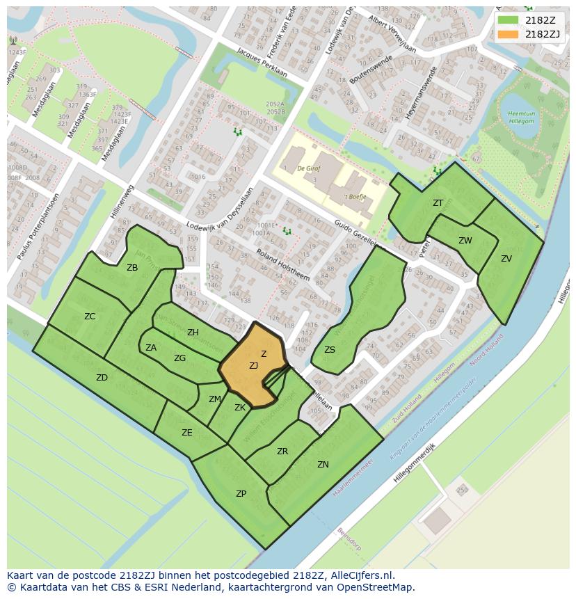 Afbeelding van het postcodegebied 2182 ZJ op de kaart.
