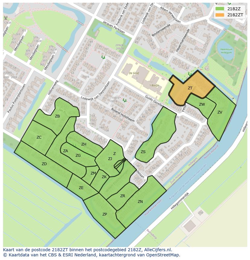 Afbeelding van het postcodegebied 2182 ZT op de kaart.