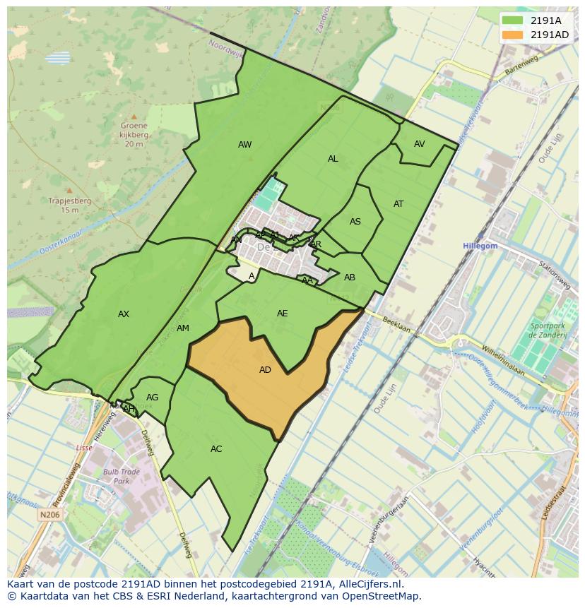 Afbeelding van het postcodegebied 2191 AD op de kaart.