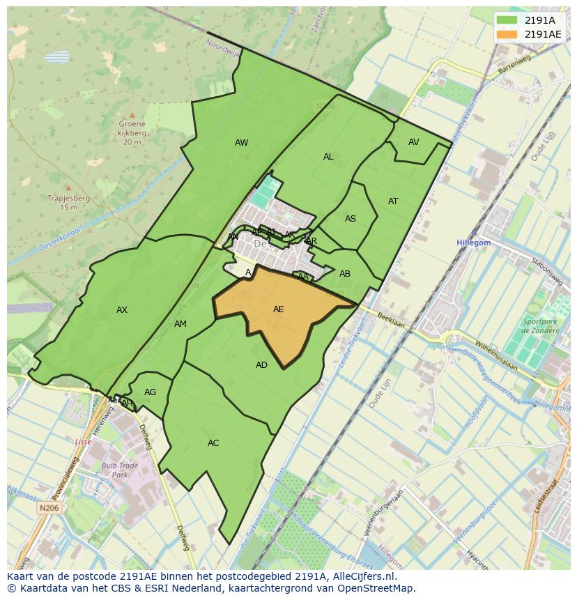 Afbeelding van het postcodegebied 2191 AE op de kaart.