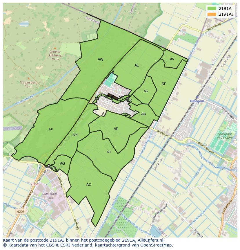Afbeelding van het postcodegebied 2191 AJ op de kaart.