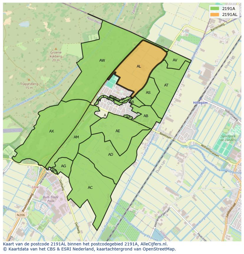 Afbeelding van het postcodegebied 2191 AL op de kaart.