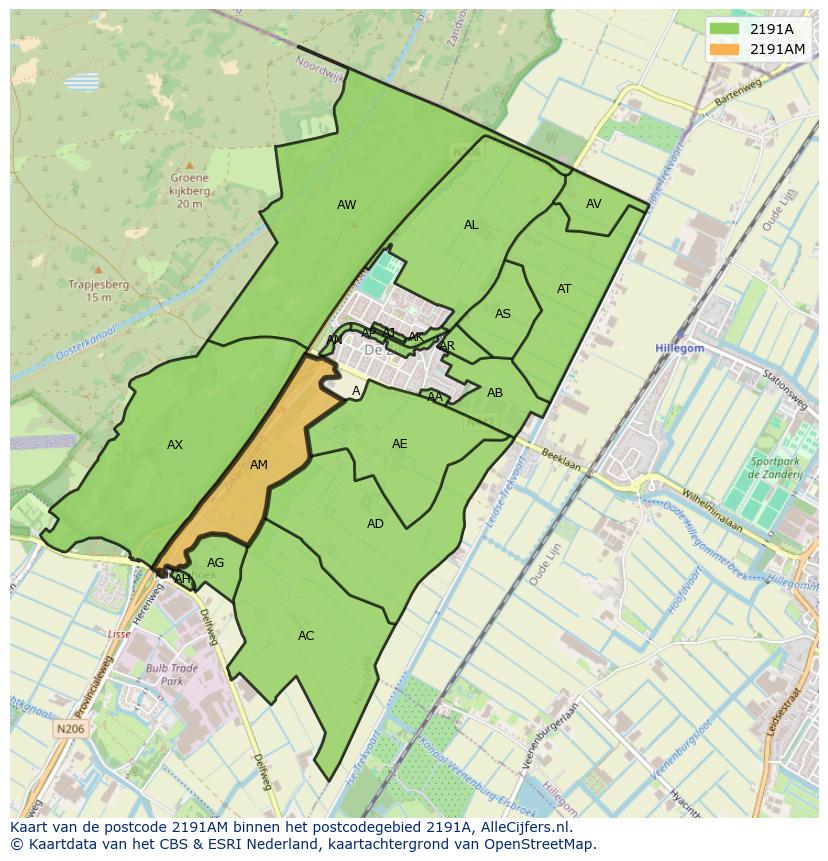 Afbeelding van het postcodegebied 2191 AM op de kaart.