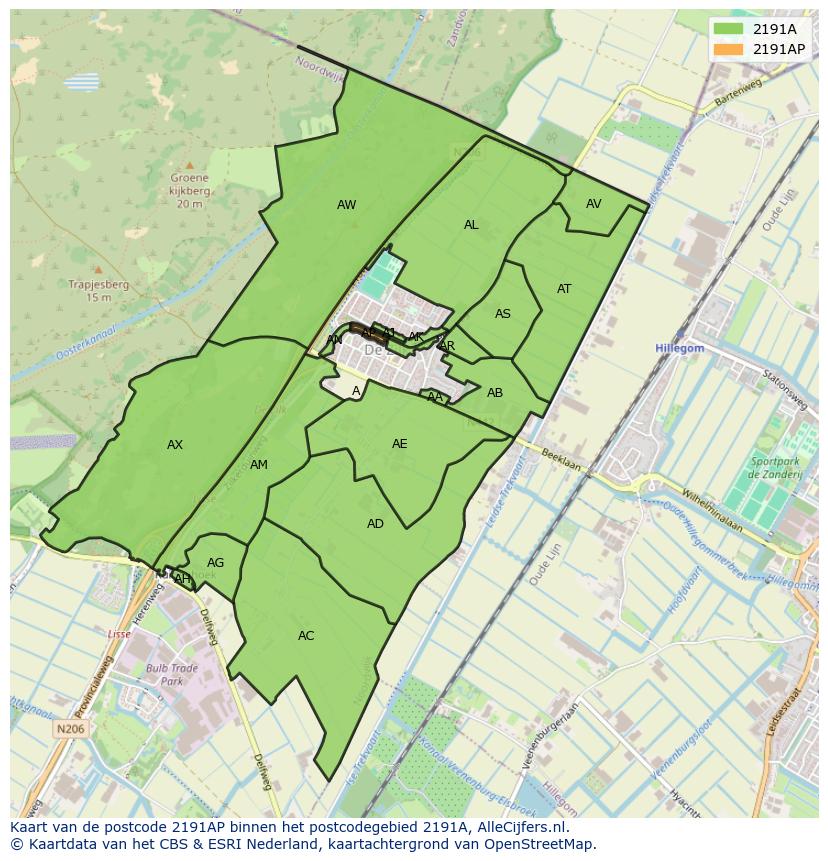 Afbeelding van het postcodegebied 2191 AP op de kaart.