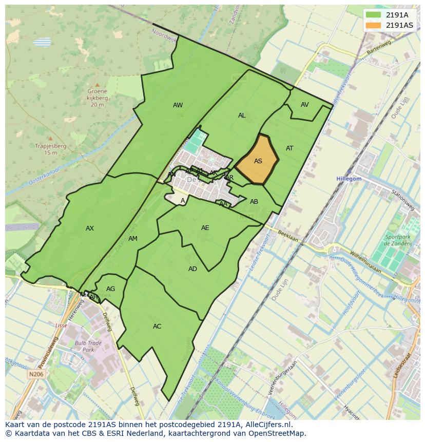 Afbeelding van het postcodegebied 2191 AS op de kaart.