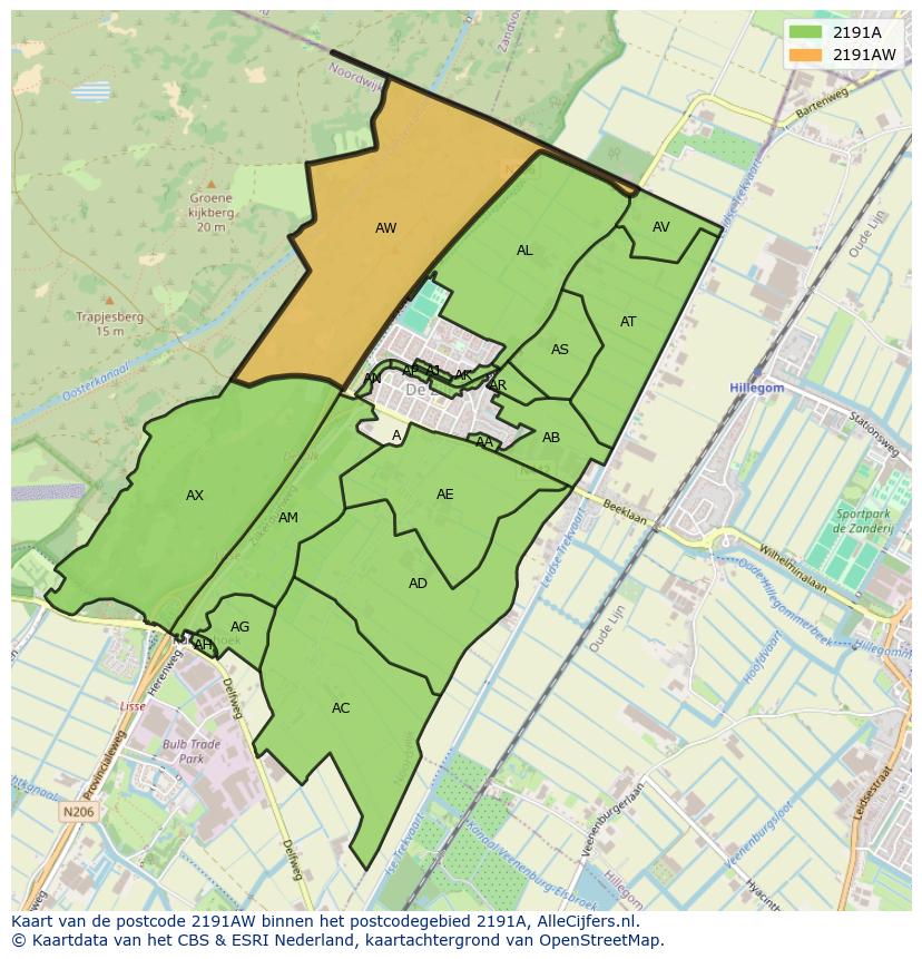 Afbeelding van het postcodegebied 2191 AW op de kaart.