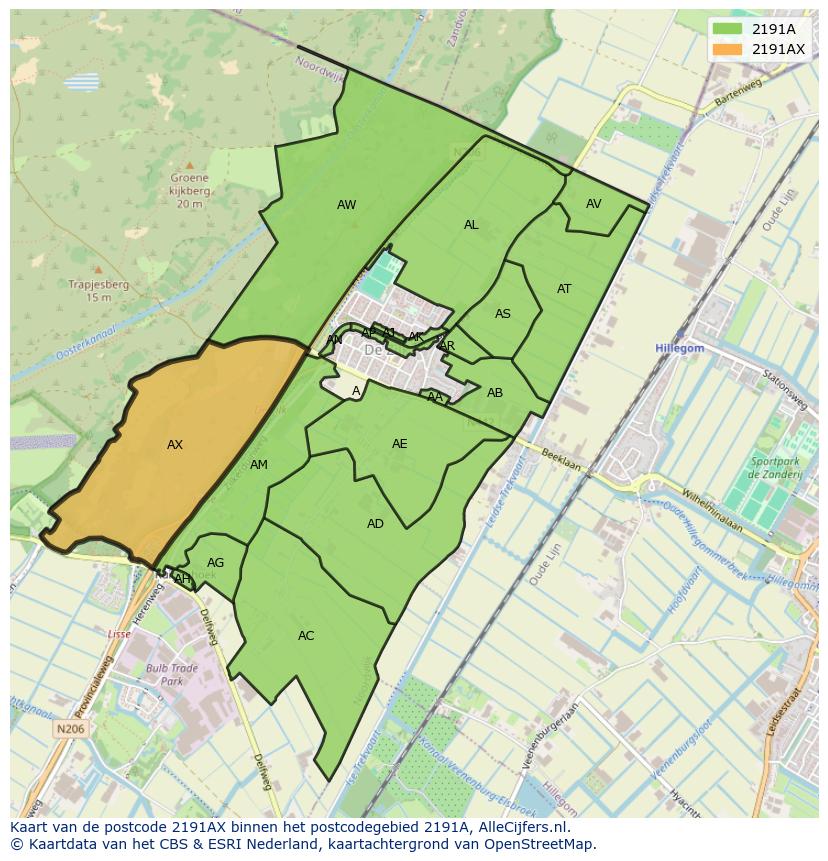Afbeelding van het postcodegebied 2191 AX op de kaart.