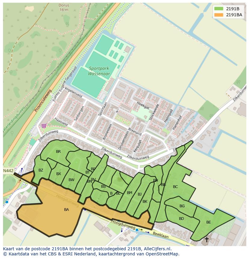 Afbeelding van het postcodegebied 2191 BA op de kaart.