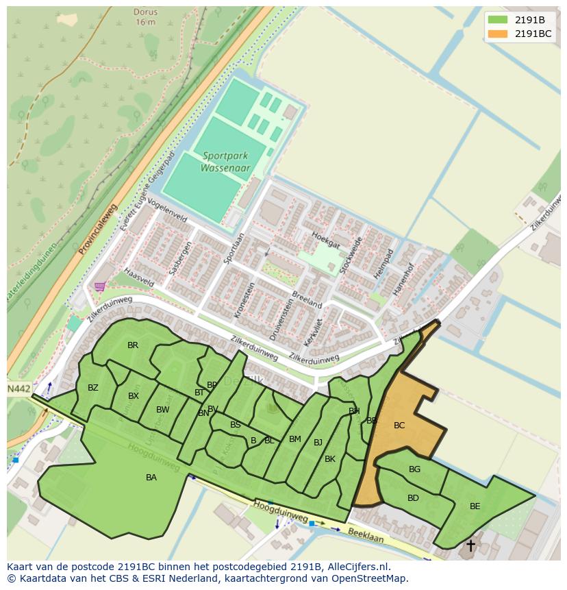Afbeelding van het postcodegebied 2191 BC op de kaart.