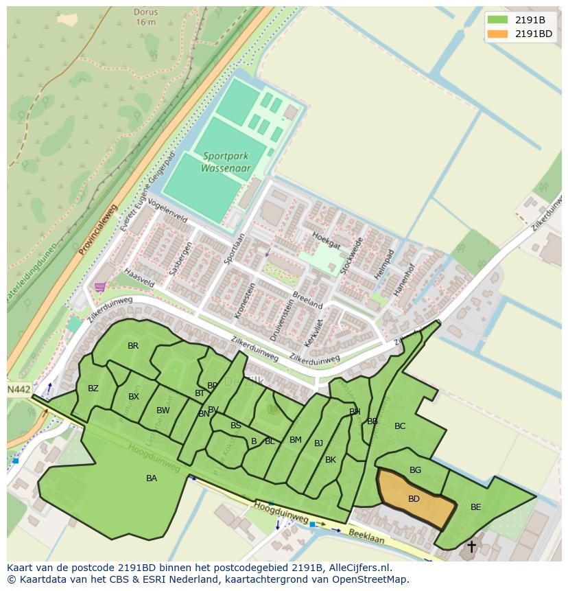 Afbeelding van het postcodegebied 2191 BD op de kaart.