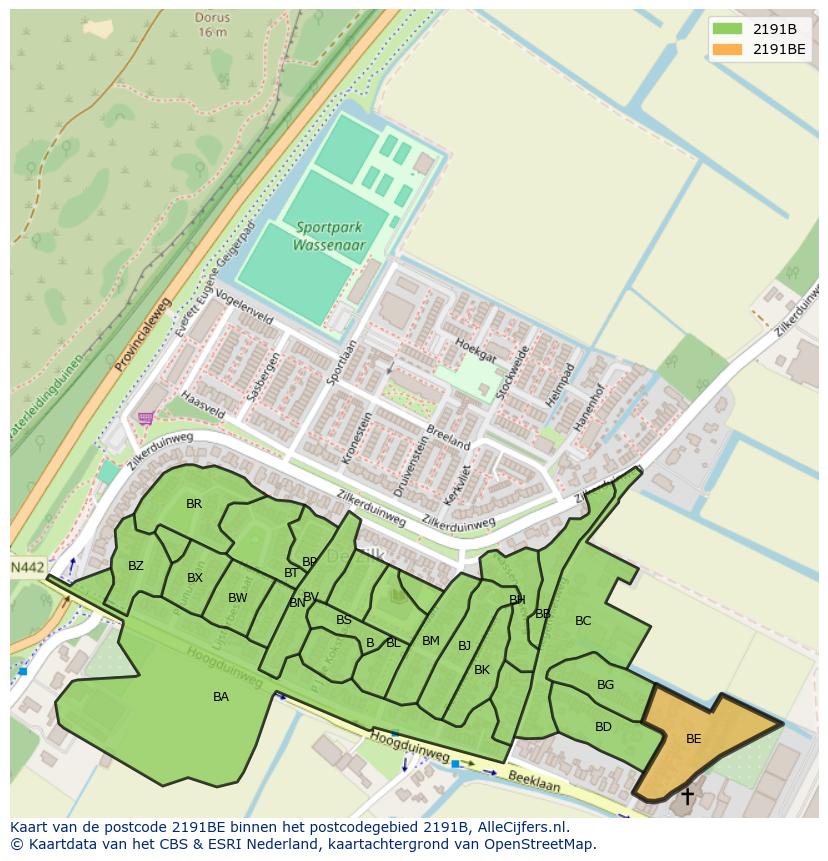 Afbeelding van het postcodegebied 2191 BE op de kaart.