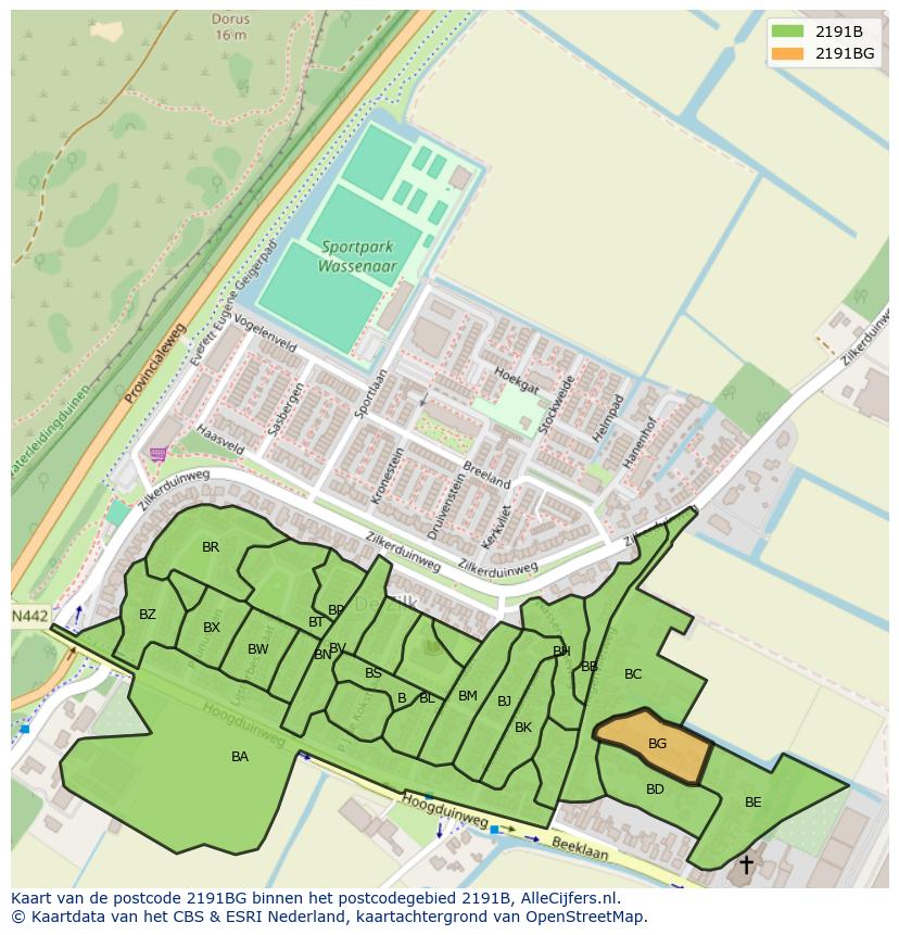 Afbeelding van het postcodegebied 2191 BG op de kaart.