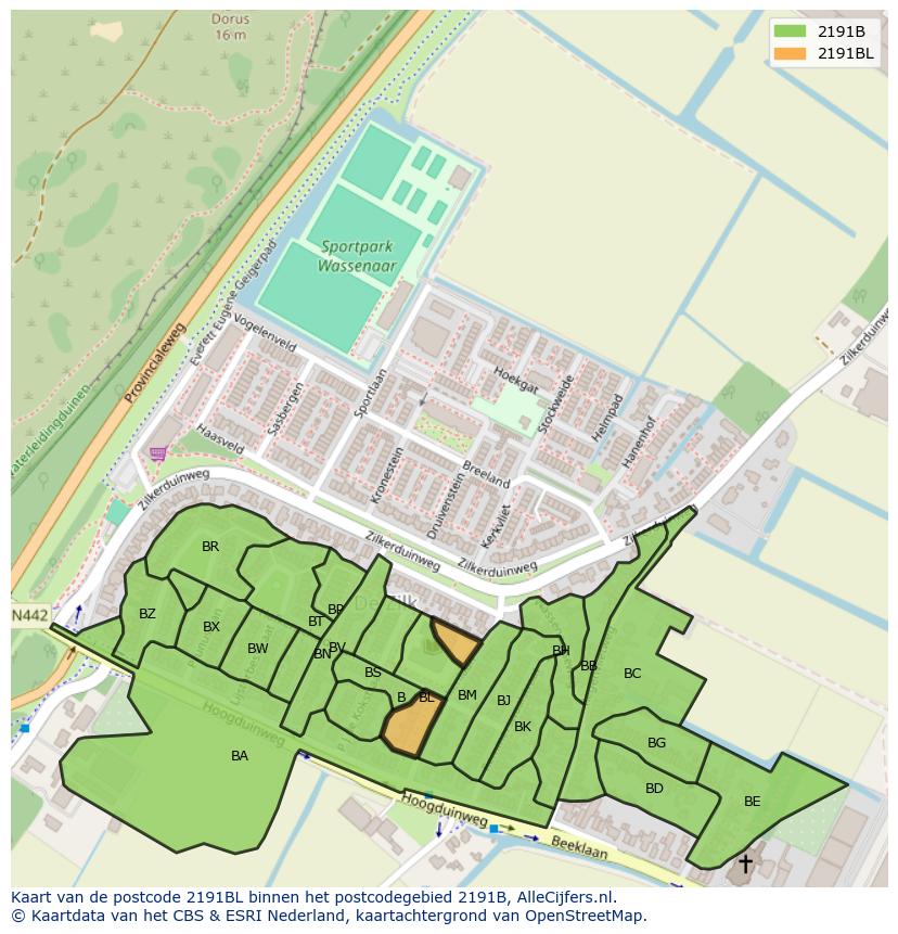 Afbeelding van het postcodegebied 2191 BL op de kaart.