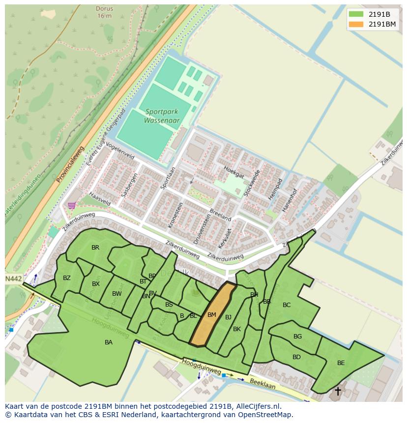 Afbeelding van het postcodegebied 2191 BM op de kaart.